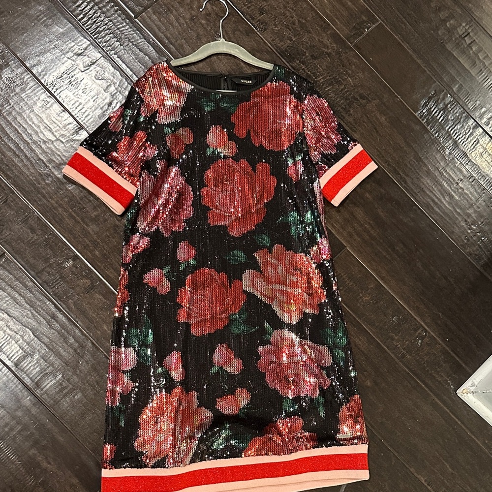 Guess Sequin Dress with Red and Green Floral Design